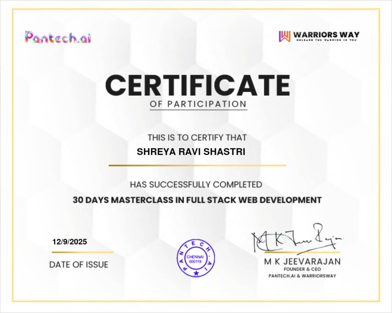 Full Stack web dev masterclass completion Certificate